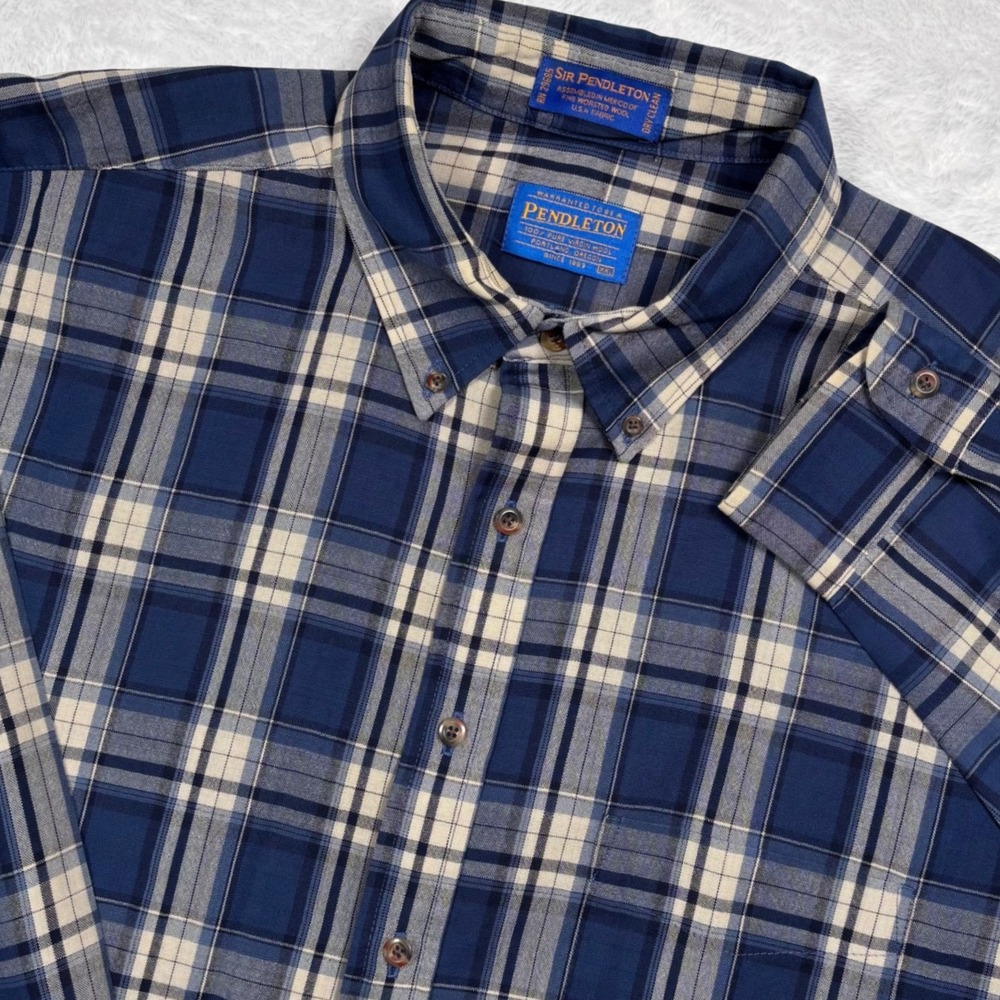 VINTAGE Sir Pendleton Button Shirt Mens XXL Blue Tan Plaid Worsted Wool Lodge